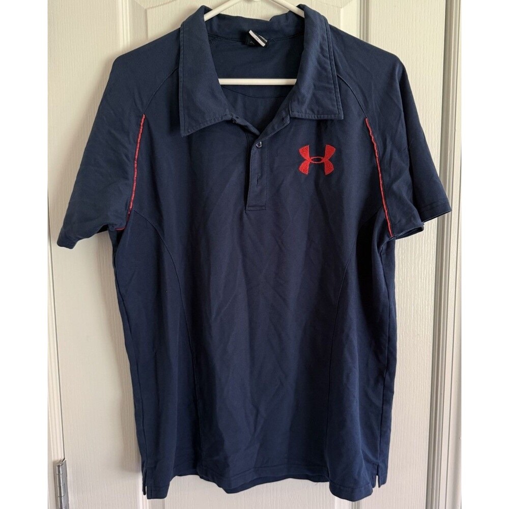 Men’s Under Armour Navy Blue w Red Polo Shirt-Size Large LG preowned Good Cond